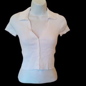 ---  BERSHKA White Ribbed Cropped Top Medium